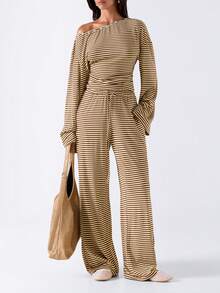 LYSMO Women's Striped Asymmetrical Shoulder Long Sleeve Top And Pants Casual Daily 2 Pieces Set - Light Yellow - View 1