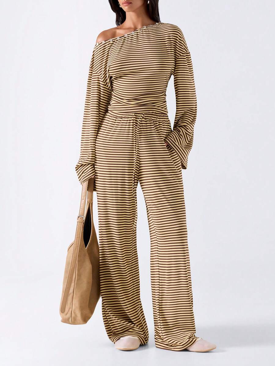 LYSMO Women's Striped Asymmetrical Shoulder Long Sleeve Top And Pants Casual Daily 2 Pieces Set - Light Yellow - View 1