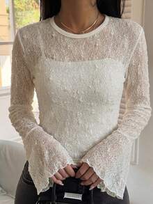 FRIFUL Women's Round Neck Lace Fabric Fitted Flare Sleeve Solid Color Casual Romantic Elegant T-Shirt Date Night Date White Floral Autumn Autumn - White - View 6