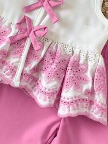 SHEIN Playful Pals 新生女嬰夏季無袖圓領前扣蝴蝶結下擺刺繡彈性腰直筒褲套裝 - 粉色 - 查看 6