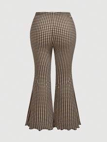 SHEIN MOD Plus Size Autumn Vintage Brown Houndstooth Flare Pants, Retro Casual, Daily Commute, Office Wear, Preppy Style, Versatile Pants For Autumn/Winter - Brown - View 2