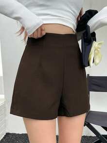 DAZY 女款素色高腰休閒百搭日常短褲 - 咖啡棕 - 查看 7