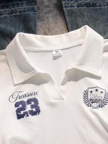 Teen Girl Fall Casual Polo Collar Letter Print Knit Slim Fit Autumn T-Shirt, Holiday, Comfortable - White - View 7
