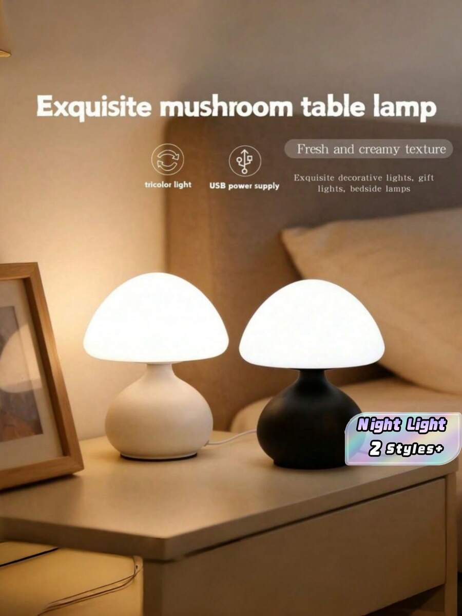 Minimalist Retro Mushroom Desk Lamp With Ball Base, USB Powered Dimmable Night Light, 3 Color Temperatures Adjustable, Ambient Glow Decor For Bedroom Living Room Study Office, Compact Tabletop Luminous Ornament, Versatile Multi-Occasion Use - Three Colors - View 1