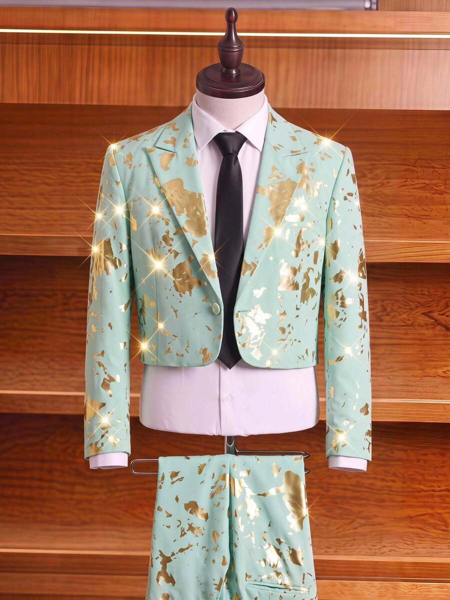 Vientiro Men's Metallic Texture Long Sleeve Jacket And Pleated Pocket Trousers Suit Set - Mint Blue - View 1