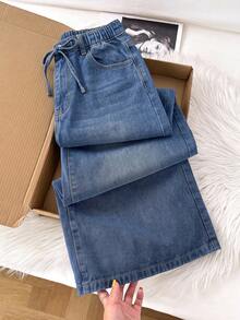 Comfortcana Women's Drawstring Waist Pocket Casual Daily Outing Denim Jeans Fall Clothes - Medium Wash - View 1