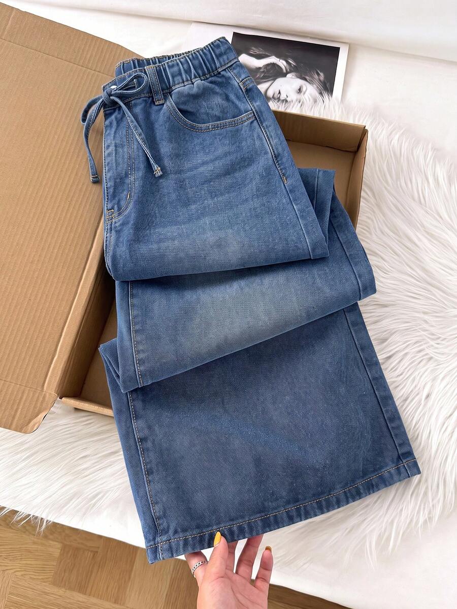 Comfortcana Women's Drawstring Waist Pocket Casual Daily Outing Denim Jeans Fall Clothes - Medium Wash - View 1
