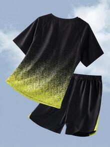 SHEIN Conjunto de 2 piezas de camiseta y pantalones cortos con patrón de patchwork y color de contraste para niño preadolescente - Multicolor - Ver 2