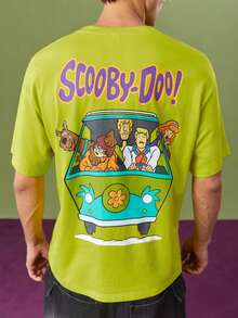 SCOOBY-DOO X SHEIN 男士有趣卡通冒險圖案短袖T恤，具多巴胺設計 - 綠色 - 查看 6