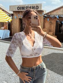 SHEIN Frenchy Women's Elegant Solid Color Sheer Lace Cropped Top,Dirndl,Oktoberfest Dirndl Top - White - View 1