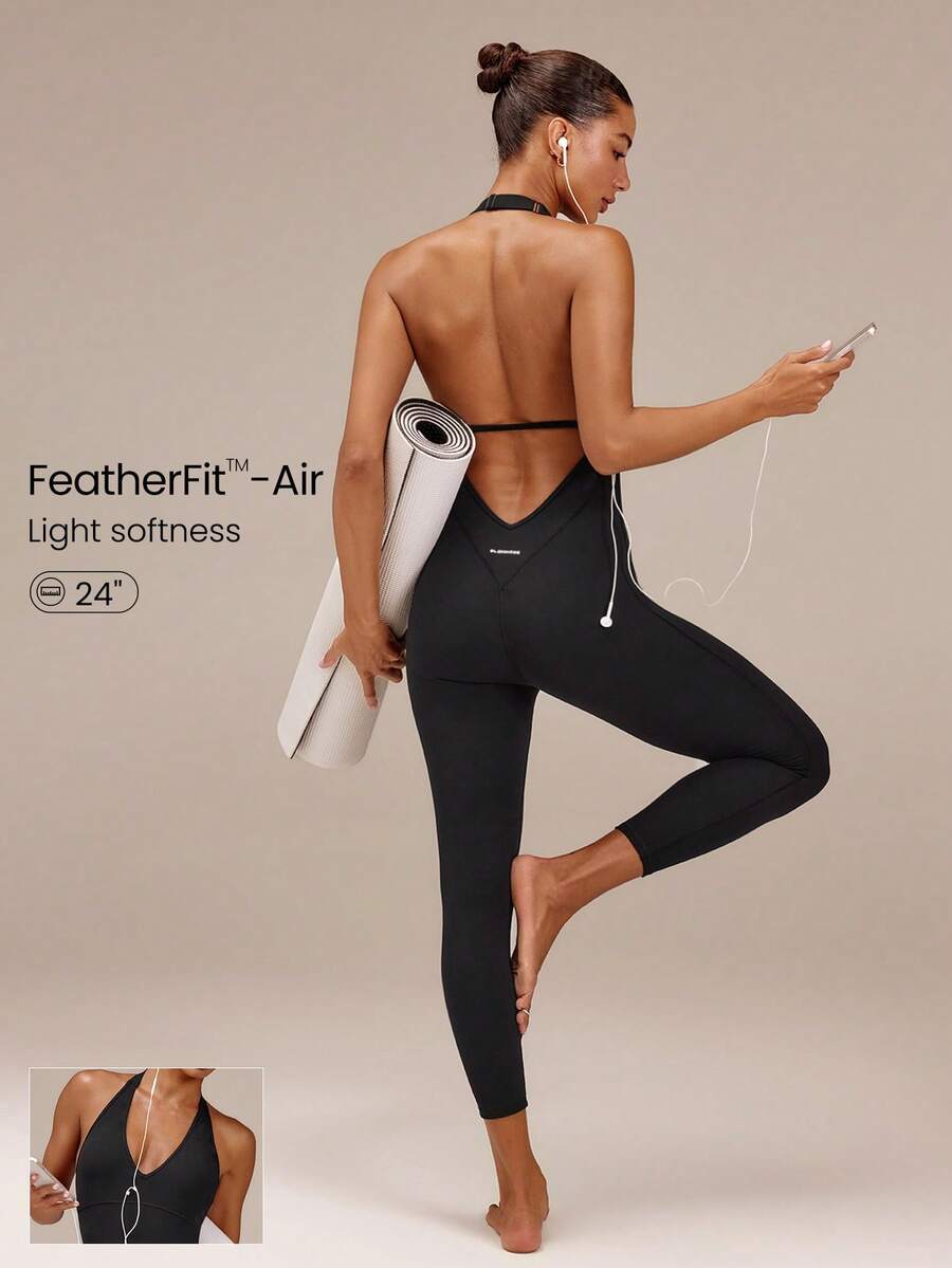 GLOWMODE بودي سوت قابل للتعديل بحمالة رقبة وتصميم ظهر مفتوح مع كؤوس قابلة للإزالة من FeatherFit™-Air Rep The Glow مقاس 24 بوصة، ملابس صيفية لليوغا والبيلاتس والاستوديو