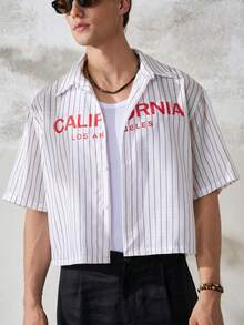 TONEVAULT Camisa de hombre de verano con estampado de letras y rayas - Blanco - Ver 5