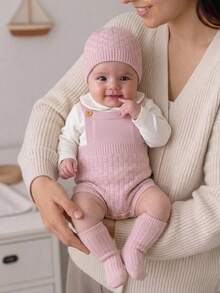 SHEIN Newborn Baby Girls' Pink Knit Romper, Socks & Hat 3-Piece Set, Solid Color & Versatile, Perfect For Daily Wear In Spring, Autumn, And Winter - Pink - View 1