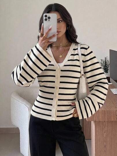 Firerie Black And White Striped Long-Sleeved Knitted Cardigan Bussines Casual Formal Elegant Cozy Sweater Fall Clothing Rib Knit Striped Cardigan