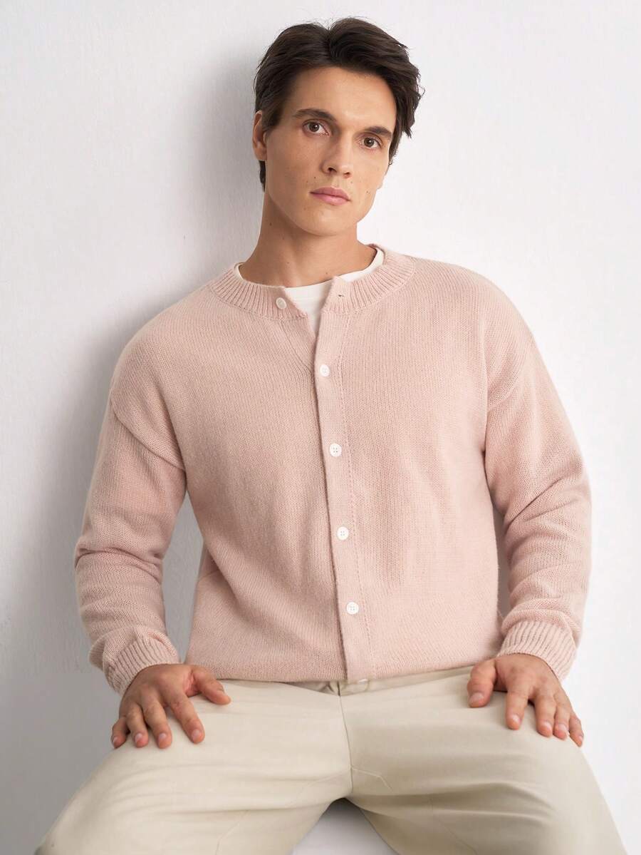 RONVEXI Men's Solid Color Long Sleeve Single-Breasted Casual Knit Cardigan - Apricot - View 1