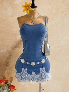 Soleia Women's Fashion Versatile Lace Patchwork Pleated Strapless Denim Dress - Baby Blue - View 1