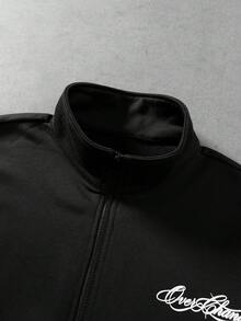 ROMWE MEN Men's Letter & Number Print Zip-Up Casual Everyday Sweatshirt - Black - View 4
