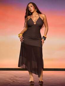 Orbivine Plus Size Halter Neck Tie Bow Ruched Tummy Control Asymmetrical Hem Textured Mesh Patchwork Sheer Business Casual Beach Women's Dress Brown Summer - Coffee Brown - View 5