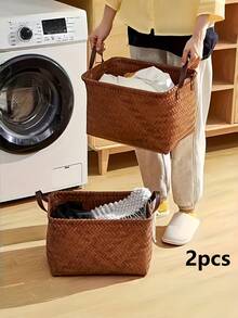 2Pcs Rustic Woven Storage Basket, Multiuse For Cosmetics Jewelry Books Clothes Home Car - Multicolor - View 8