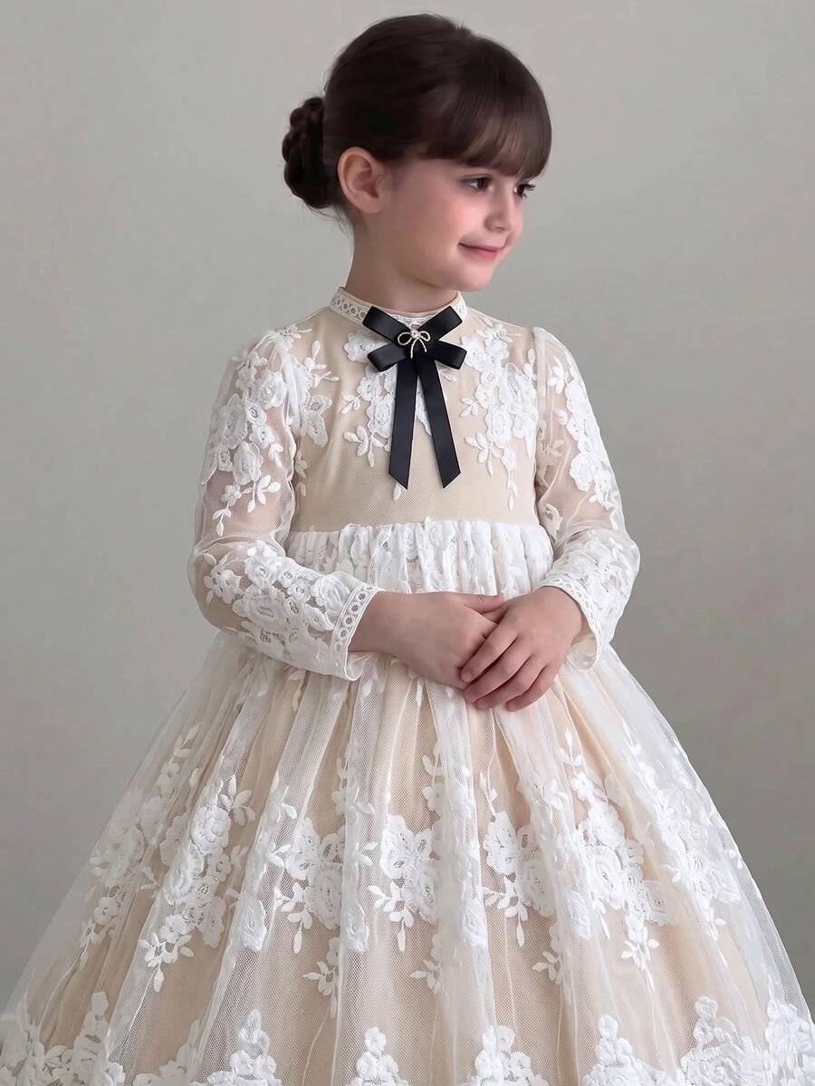 少女可愛優雅白色網紗刺繡短袖洋裝 - 白色 - 查看 1