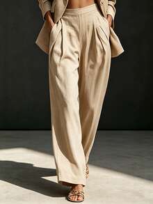 SHEIN Holidaya Women's Casual Versatile Commuter Suit Pants - Khaki - View 2
