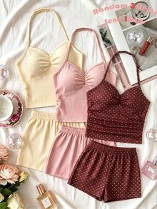 SHEIN Sparklyn 青少年女孩海灘度假休閒居家服 波浪針織紋理貝殼海星流蘇掛脖修身短版背心與短褲泳裝風套裝 - 粉色 - 查看 1