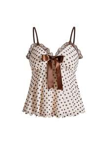 ROMWE Kawaii Kamisol Wanita Elegan Motif Polkadot dengan Hiasan Renda dan Pita untuk Musim Semi/Panas, Musim Panas - Kuning muda - View 4