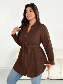 SHEIN Essnce Plus Size Casual Versatile Commute Solid Color Shirt Fall - Brown - View 8