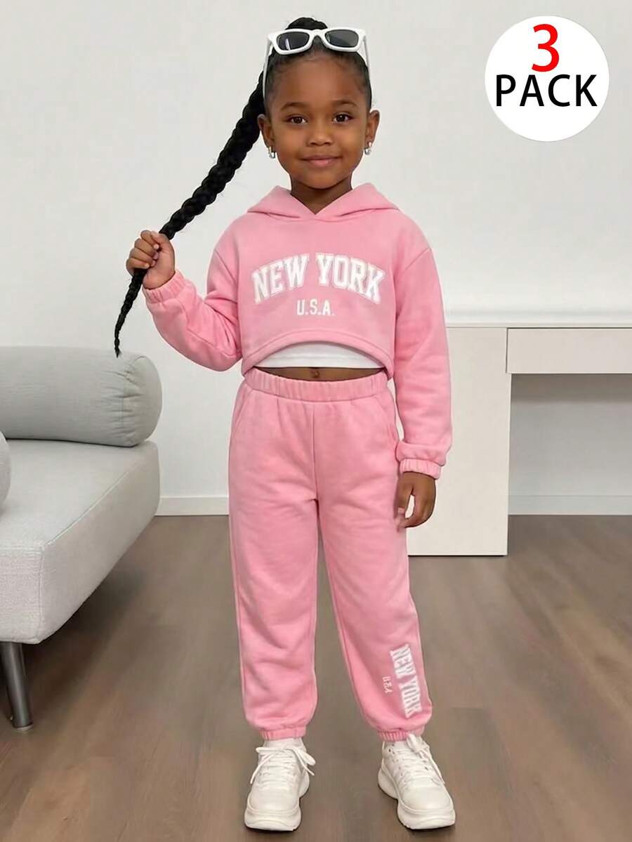 Elladie kids Young Girl Letter Print Hoodie T-Shirt Long Pants Camisole Set Back To School White Autumn