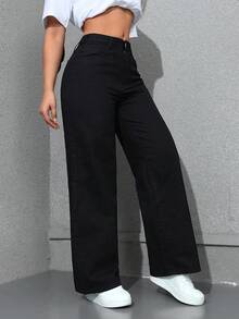 SHEIN Unity Cowgirl 大尺碼女款春季黑色無彈力修身直筒牛仔褲，女款春季 - 黑色 - 查看 5