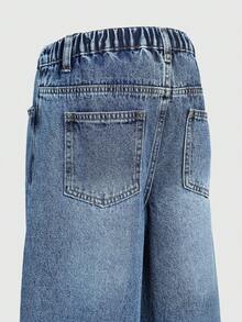 SHEIN Elladie kids Denimly 春夏女童心形刺繡破洞直筒寬鬆時尚休閒可愛百搭牛仔褲，丹寧藍，適合假期與校園 - 深色水洗藍 - 查看 4