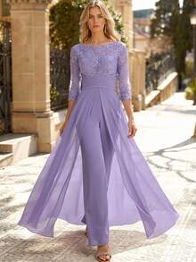 Amorya Women's New Elegant Textured Jacquard Patchwork Chiffon Flowy Jumpsuit, Suitable For Parties And Multiple Occasions - Purple - View 2