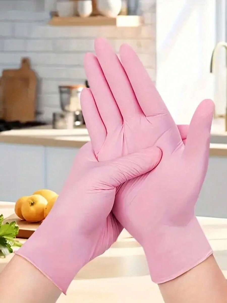100件裝一次性無粉淺粉色丁腈手套,適用於廚房、浴室、廁所、臥室、美髮、沙龍、紋身等 - 淺粉色 - 查看 1
