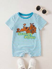 SCOOBY-DOO X SHEIN Baby Boy Summer Casual Cartoon Letter & Striped Print Short Sleeve Romper - Green - View 1