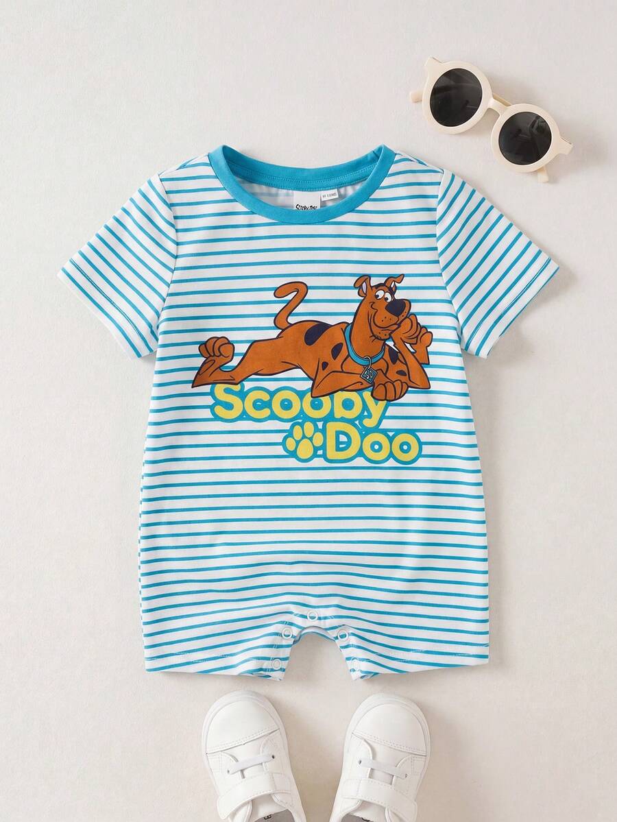 SCOOBY-DOO X SHEIN Baby Boy Summer Casual Cartoon Letter & Striped Print Short Sleeve Romper - Green - View 1