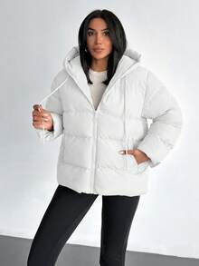 EURMUSE Solid Color, Zip Up, Hooded Winter Coat - White - View 6