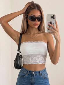 SHEIN ICON 女士黑色蕾丝抹胸上衣 - 白色 - 查看 3