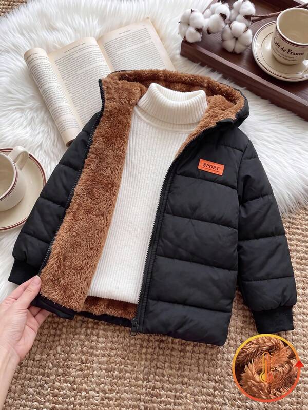 SHEIN Young Boy Winter Long Sleeve Hooded Casual Versatile Thermal Lined Padded Coat, Perfect For Outdoor Travel, Provides Ample Warmth Protection, Fashionable And Practical Style, Ensures Warmth And Style During Winter Adventures