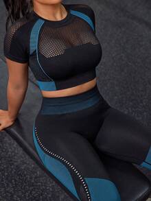 Innovista Innovista Women's Seamless Short Sleeve High Waist Color Block Plus Size Sports Set Gym Set Workout Set Sportswear Activewear Booty Lift Tummy Control Quick Dry - Black - View 2