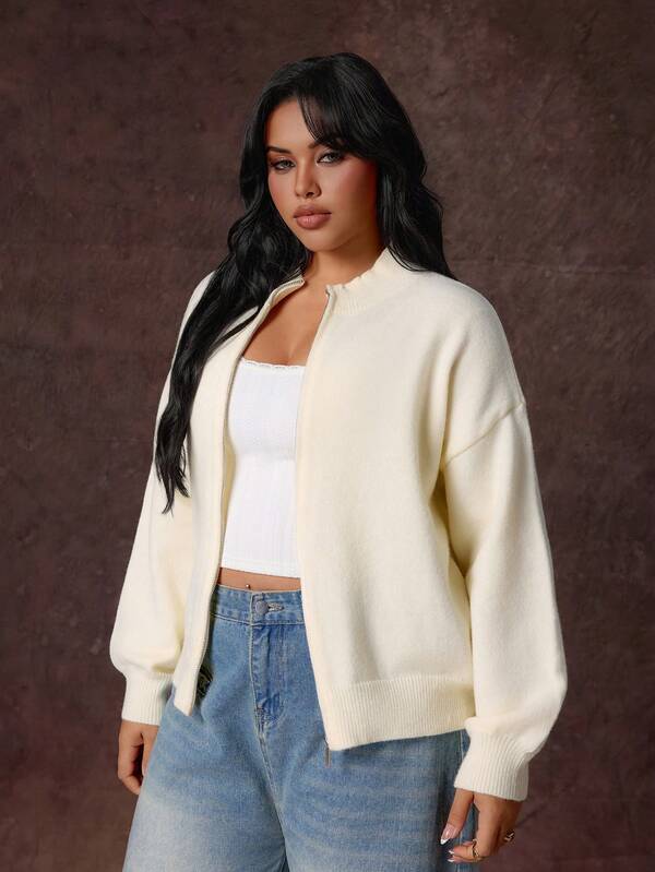 Rustia Plus Size Soft Style Fashion Zipper Long Sleeve Cardigan Sweater Winter