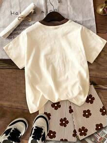 Tween Girl Casual Minimalist American Vintage Yellow & Brown Colorblock Striped, Cute Polka Dot & Floral Print, Vacation Style, Short Sleeve & Shorts 2-Piece Set, Suitable For Summer, Cozy Spring And Summer Styles, Graphic, Kawaii - Multicolor - View 3