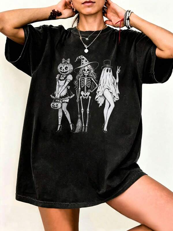 EMERY ROSE Camiseta de Halloween Squad de Chicas Espeluznantes - Calavera Fantasma Calabaza Bruja Camiseta de Otoño