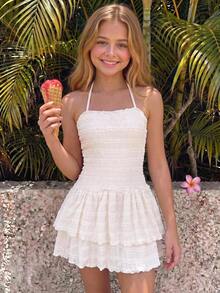 Kids Teen Girls Dresses Summer Casual Solid Color Textured Fabric, Multi-Layer Ruffle Hem, Suitable For Daily Commute, Date, Gathering, Vacation - Apricot - View 6