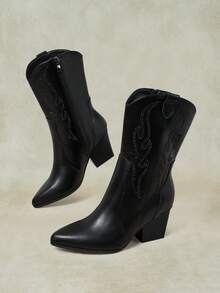 Styleloop 女款尖頭高跟側拉鍊秋冬靴 PU 西部靴 短靴 鑲鑽女靴 - 黑色pu - 查看 5