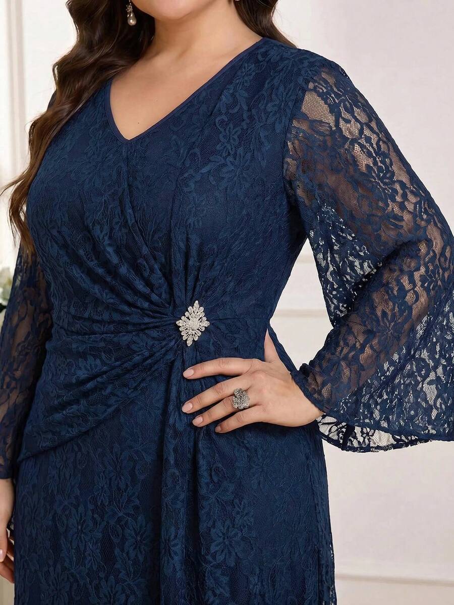 Reflora Plus Size Rhinestone Decorated Lace Ruffle V-Neck Elegant Dress Wedding Evening Dinner Formal Evening Navy Blue Autumn Wedding Fall - Blue - View 1