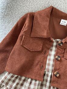 SHEIN Playful Pals 女嬰休閒格紋背心裙搭配燈芯絨長袖夾克套裝 - 棕色 - 查看 5