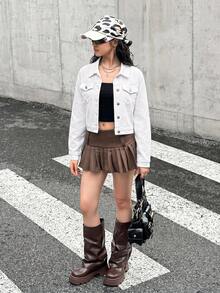 SHEIN 青少年女孩白色牛仔領口短版修身長袖夾克 - 白色 - 查看 2