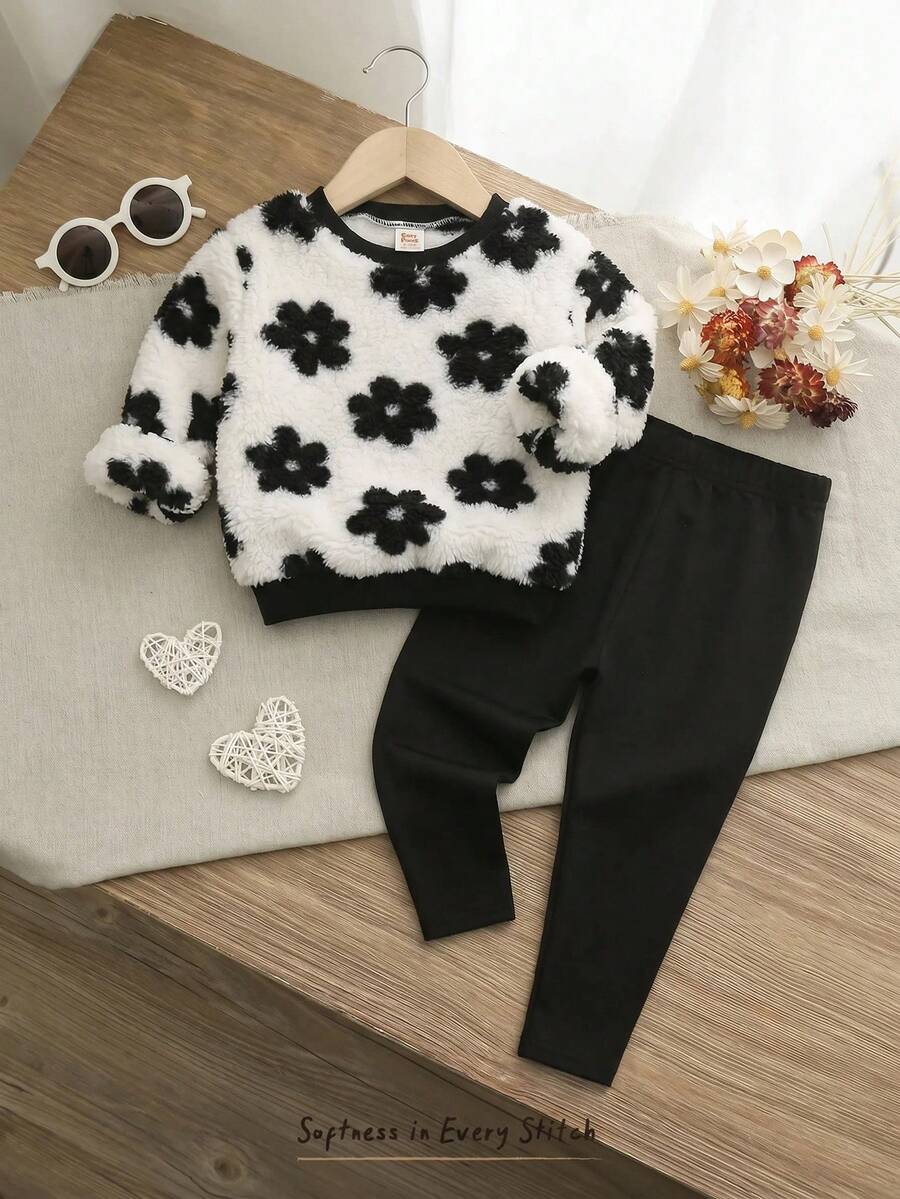Cozy Pixies 女嬰兒童休閒日常百搭居家毛絨花卉印花長袖圓領衛衣搭配黑色緊身內搭褲套裝,適合秋冬穿著 - 彩色 - 查看 1