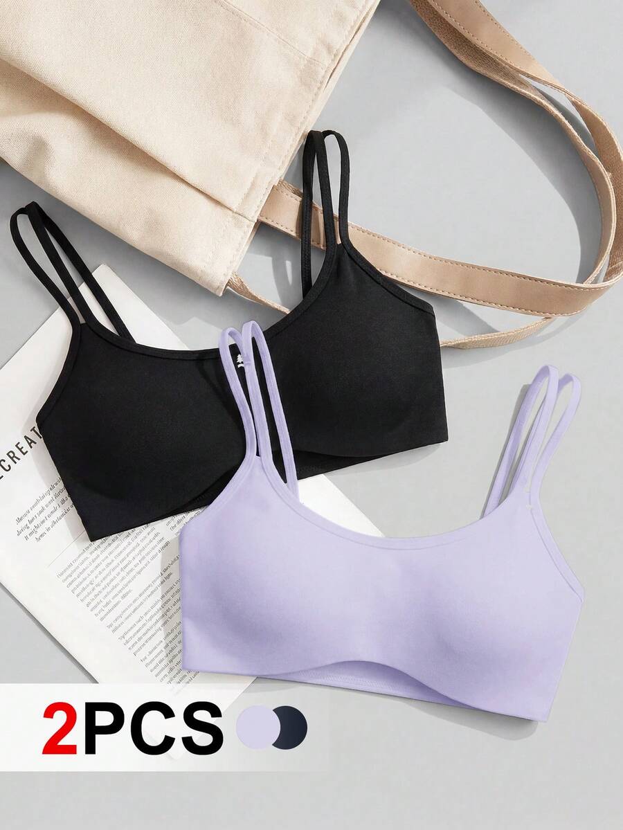 SHEIN Cheerettes 女款素色休閒日常細肩帶運動內衣 2件組 - 彩色 - 查看 1