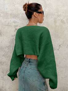 EURMUSE Y2K Grunge Drop Shoulder Open Front Crop Cardigan Without Tube Top - Green - View 8